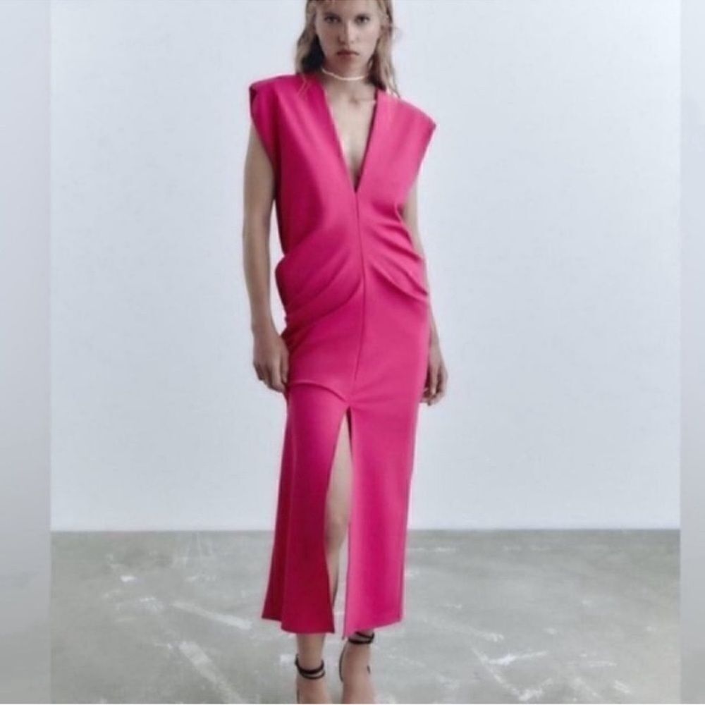 Zara Ruched Pink MIDI Dress With
Slits(Size Small)